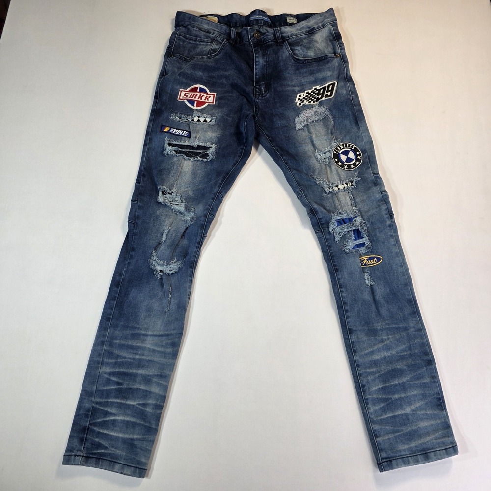 Smoke Rise Men's 32x32 Distressed Patch Moto Skinny Jeans Racing Stacked